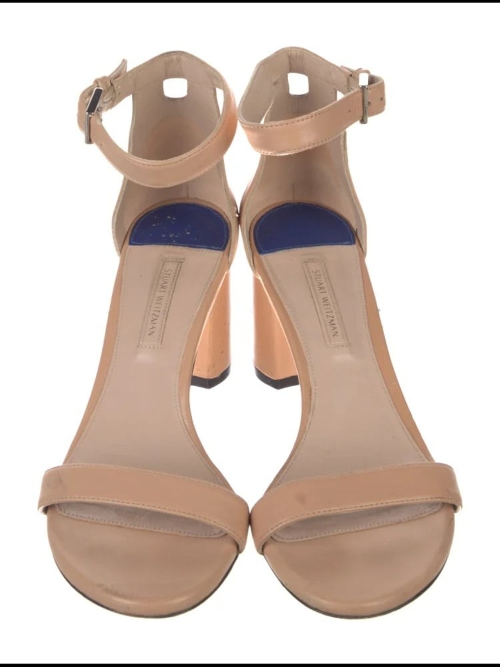 Stuart Weitzman Nude Leather Ankle-Strap Block Heels with Blue Heel Pad